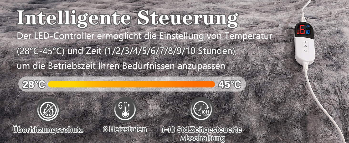Електрична ковдра COZYTY 150x200 см з автовимкненням – фланель, 6 режимів нагріву, таймер, захист від перегріву, машинне прання (сірий, чорний)