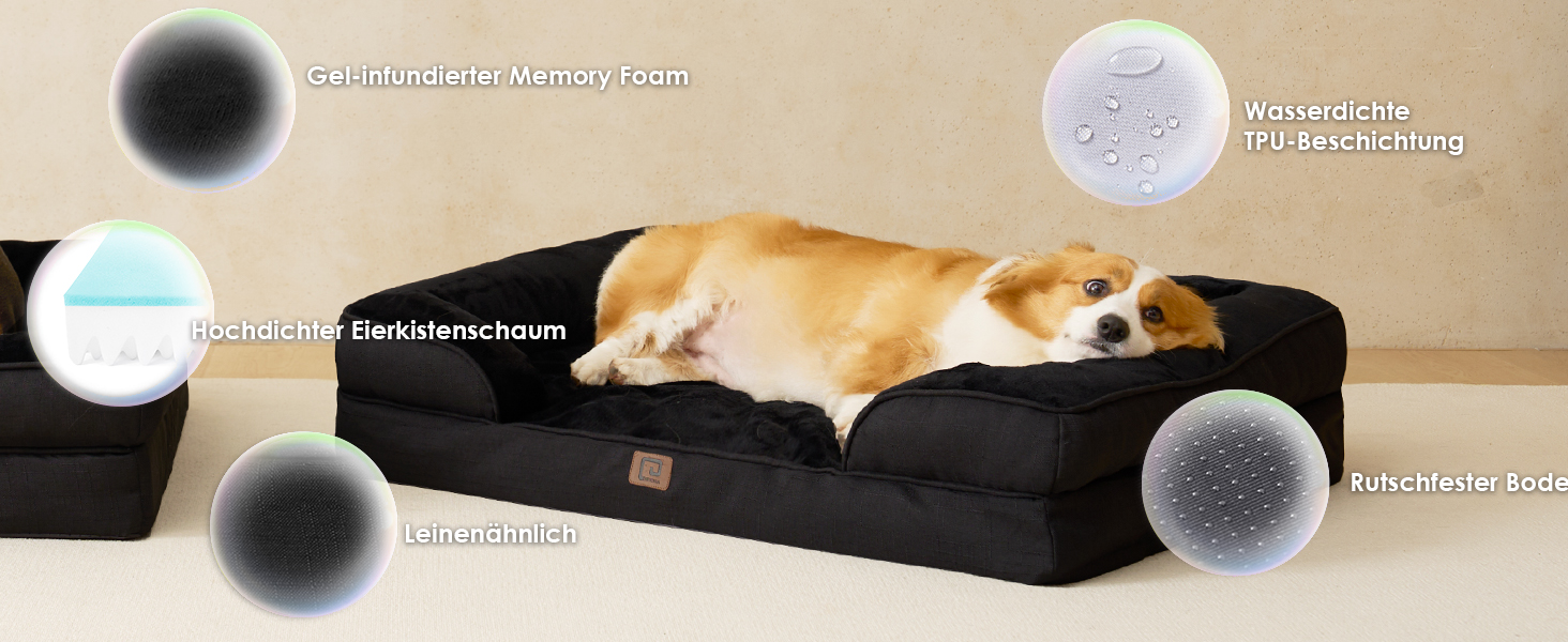 Ортопедичне ліжко для собак великих порід, 91x68 см, з Memory Foam, кошик для собак середніх порід, миється, водонепроникне, неслизьке, диванчик для собак з високим бортиком (104x69x17 см, чорний)