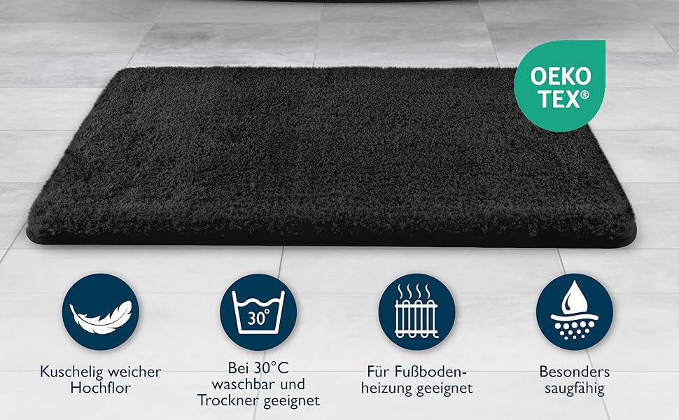 Beautissu Non-Slip Bath Mat - 120x70cm Plush Shaggy Rug for Bathroom - Washable, Soft, Large Non-Slip Bath Mat - Grey Bath Rug for Shower & Bathtub