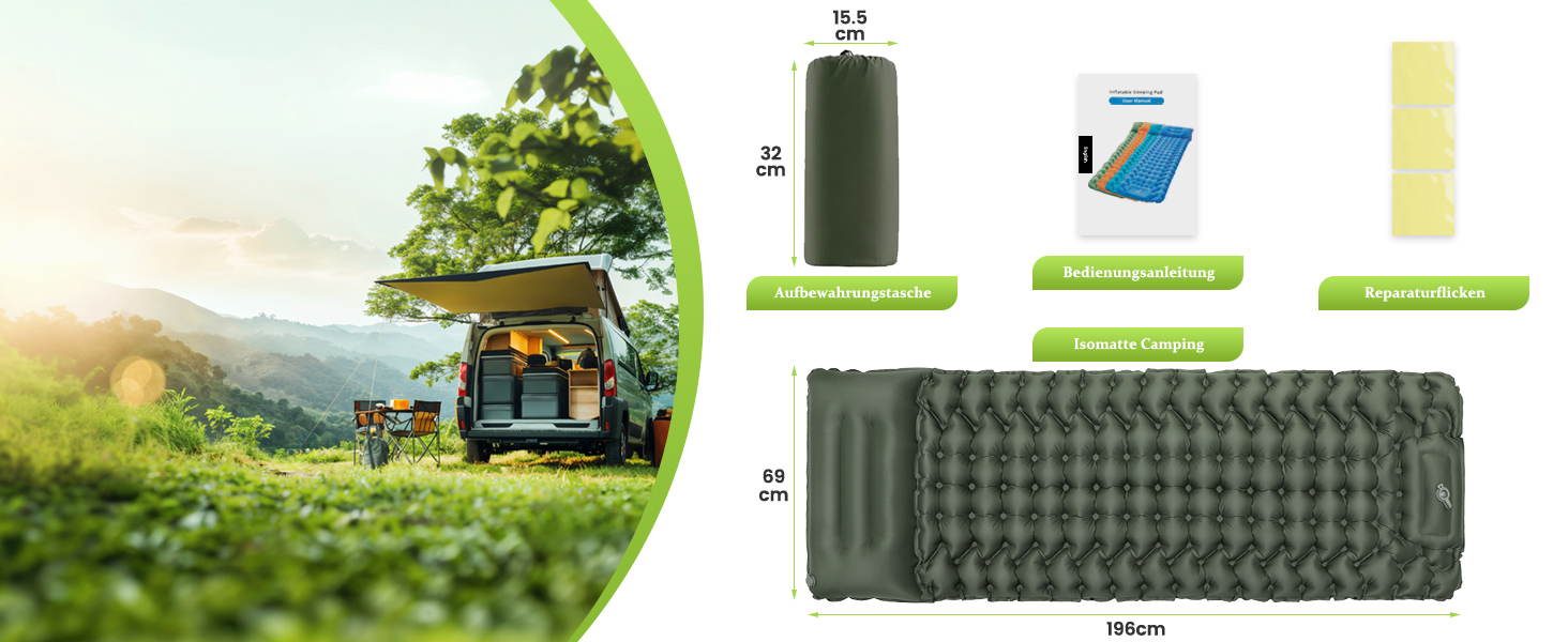 Каремат Satisure для кемпінгу надувний з насосом, водонепроникний, ультралегкий, зелений - для туризму, відпочинку на природі