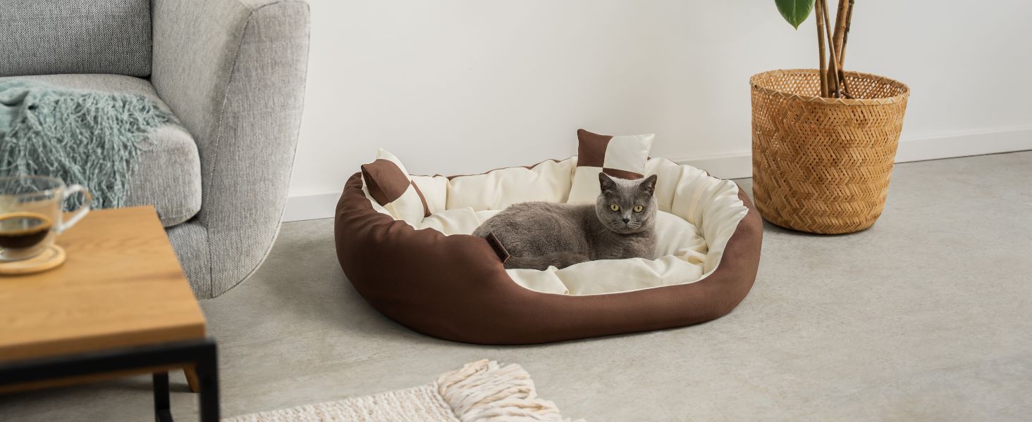 Кіжувалля для собак Lionto 4-в-1 з двостороннім подушкою з міцного оксфорду, 65x50 см, для котів та собак усіх розмірів, з глибоким входом, включає декоративну подушку, водовідштовхувальне, коричнево-бежеве