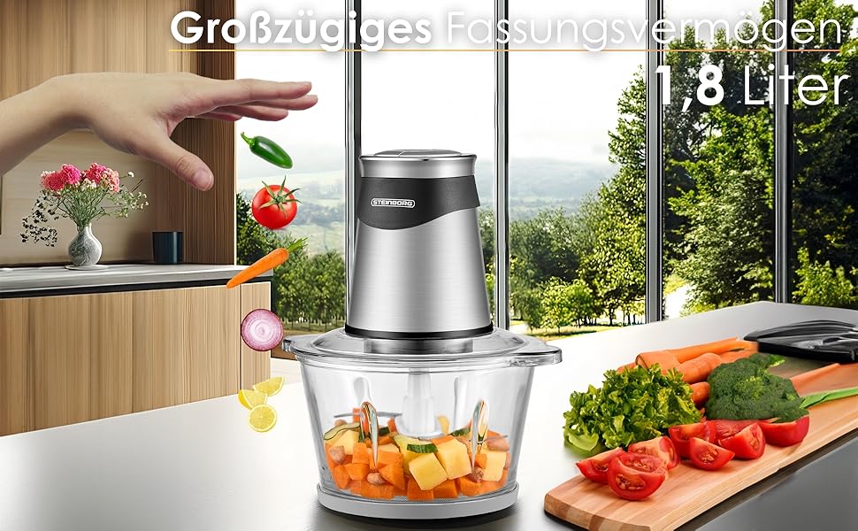 Електричний подрібнювач Multizerkleinerer Blitzhacker 500W 1,8L: універсальний кухонний комбайн для приготування дитячого харчування, горіхів, овочів, фруктів та м'яса. Скляна чаша.