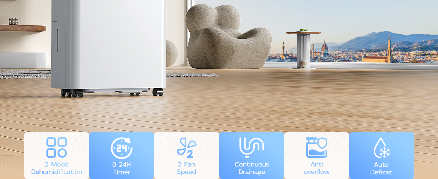 Електричний осушувач повітря 12л/24г з автоматичним та безперервним зливом (шланг у комплекті), для спалень та підвалів, LED-дисплей, тихий з таймером