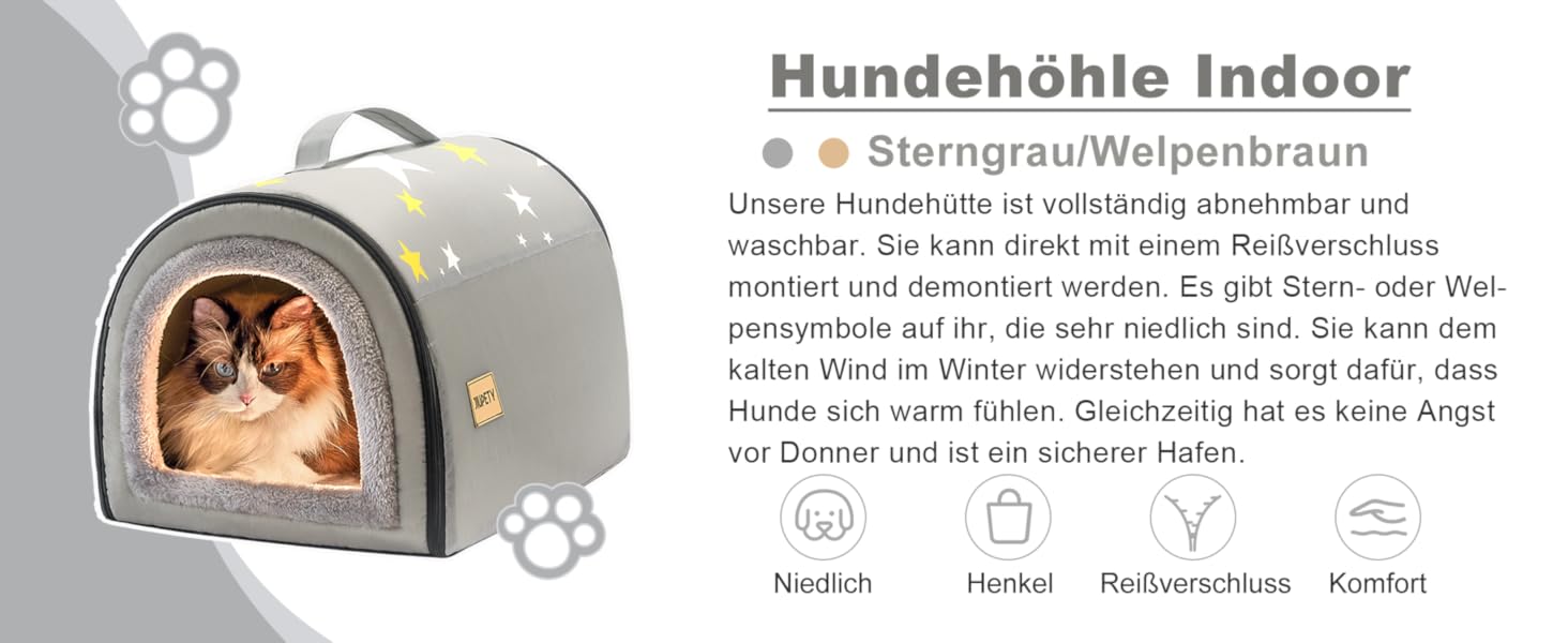 Будка для собак Jiupety, 2-в-1: котяча печера, розмір S. Підходить для собак, котів та цуценят. Тепла затишна печера-ліжко, сірий колір.
