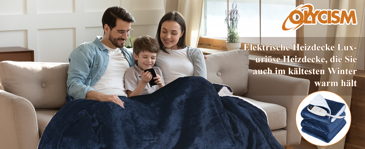 Електрична ковдра Olycism з автовимкненням 160x130 см, 10 режимів нагріву, таймер, захист від перегріву, блакитна