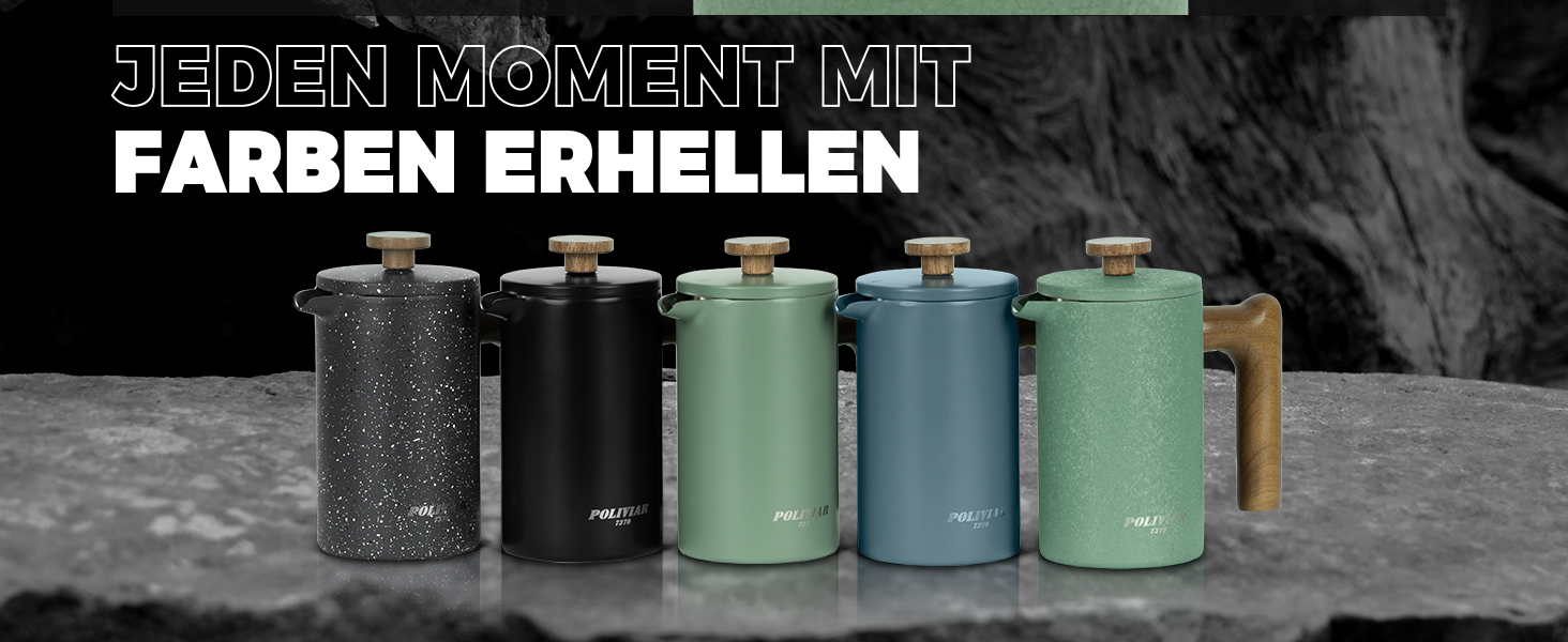 Френч-прес Poliviar 1 л / 8 чашок, з подвійними стінками, ізольований, для кави та чаю, з дерев'яною ручкою, Flatland (зелений)