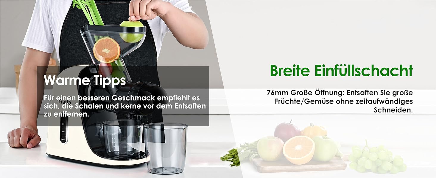 Електричний соковитискач Fretta Slow Juicer: холодний віджим, 76 мм, для овочів та фруктів, легке очищення