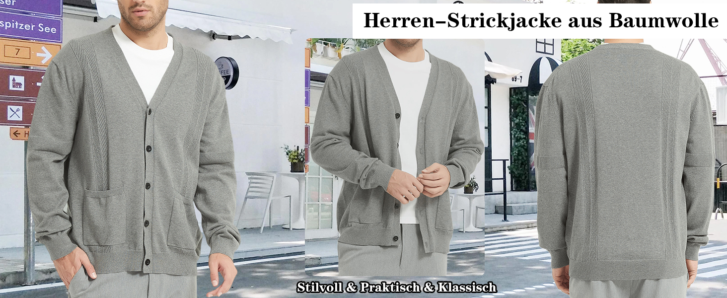 Чоловічий кардиган з в'язаного полотна, V-подібний виріз, бавовна, з ґудзиками та кишенями (сірий, M)