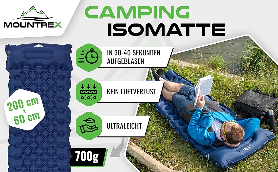 MOUNTREX Isomatte: Надувна килимок для кемпінгу та відпочинку на природі - Ultraleicht, 700g, з насосом, компактний, можна з'єднувати, зелений/блакитний