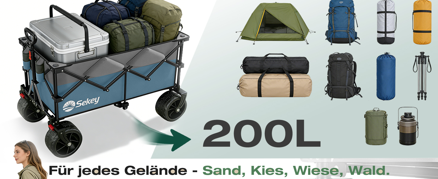 Універсальний складаний візок Sekey XXL Plus 200L/200кг з гальмами та широкими колесами для бездоріжжя (Синьо-сірий, 10 см колеса)