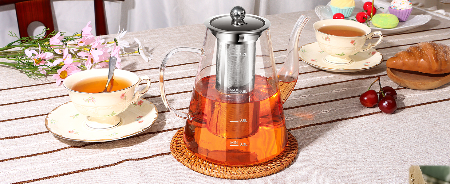 Скляний чайник із ситечком 1200 мл з боросилікатного скла з мірною шкалою для листового чаю та чайних квітів, подарунковий набір