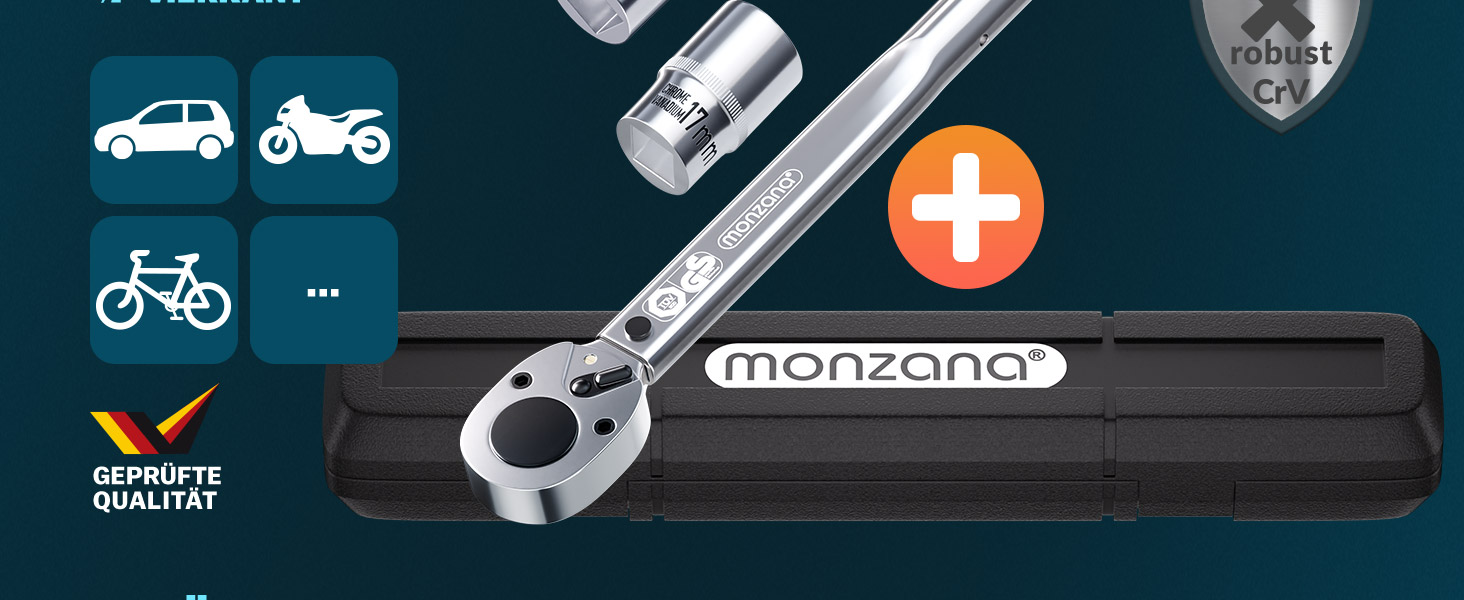 Набір динамометричних ключів Monzana 6 шт. 40-210 Нм 1/2'' CrV з тріскачкою, насадки 17/19/21 мм, подовжувач, кейс, для авто і мотоцикла, сертифікат TÜV Süd GS