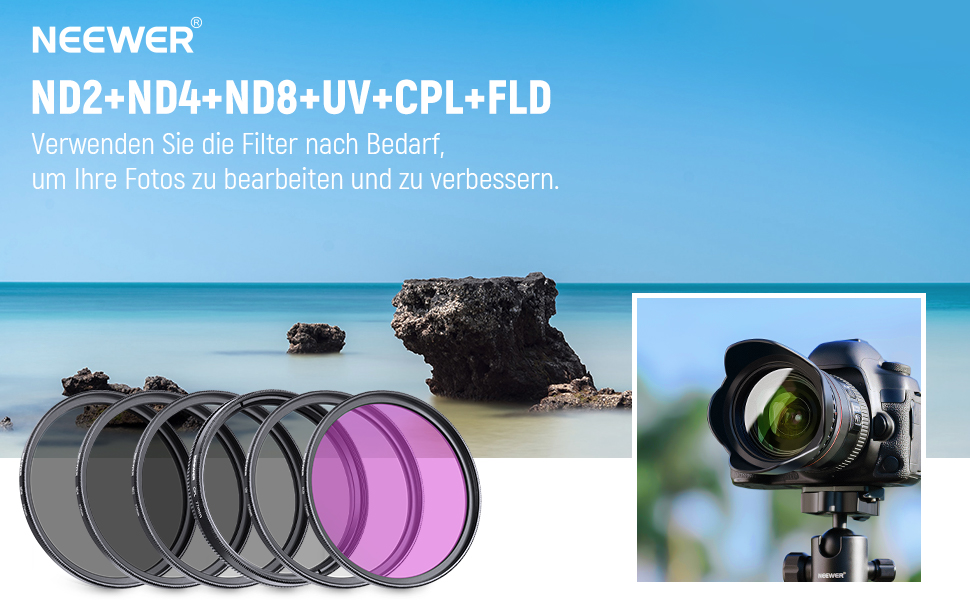 NEEWER Набір фільтрів ND2, ND4, ND8, UV, CPL (кругла поляризація) 77mm та аксесуари для об'єктива: кришка, бленда, складана бленда, сумка
