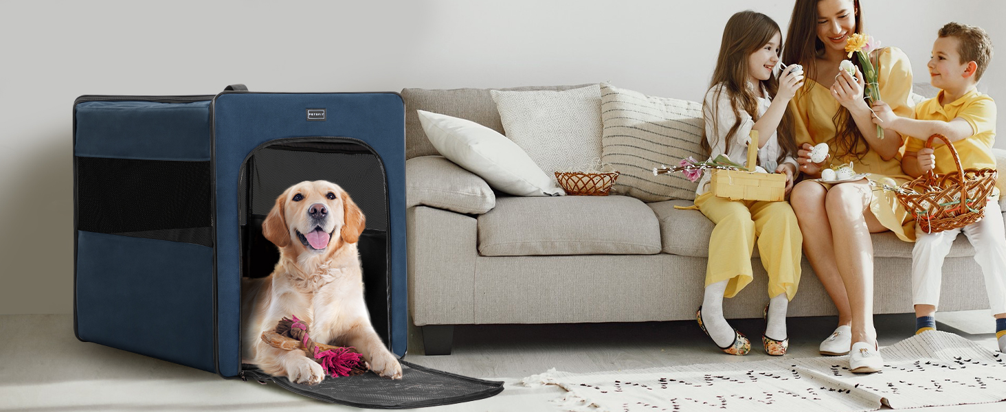 Транспортна переноска для собак Petsfit, складна, з м'якою підстилкою, синього кольору, розмір M (61x46x53.5 см)