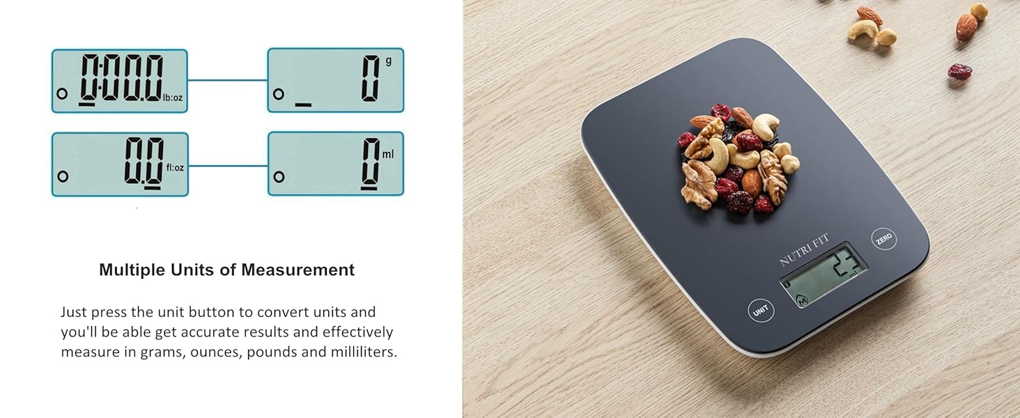 Кухонні ваги Nutri Fit: цифрова вага з нержавіючої сталі, ультраплоска, LCD-дисплей, 5 кг, 4 одиниці вимірювання