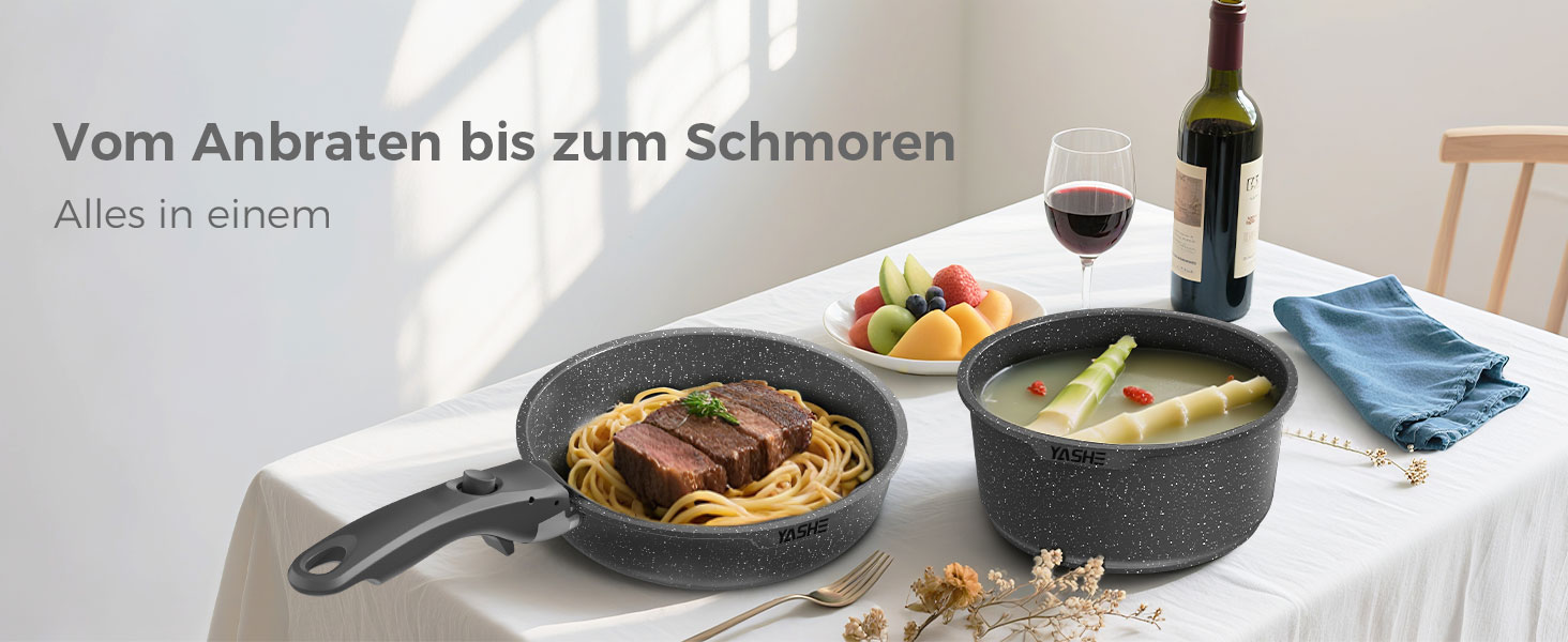 Набір кухонного посуду YASHE 15 предметів: каструлі та сковорідки з гранітно-посудовій поверхні, знімні ручки, складаний, легко миється, сумісний з індукцією, газом та склокерамікою, білий (сірий)