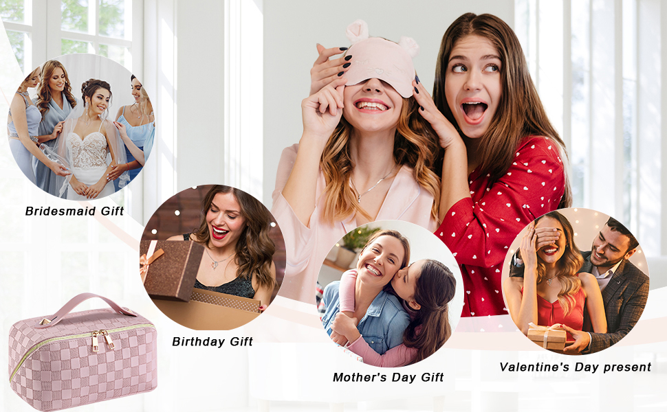 Косметичка для подорожей жіноча, велика містка, з PU шкіри, органайзер для макіяжу, косметичка-рюкзак, аксесуари для подорожей, рожеана в клітинку