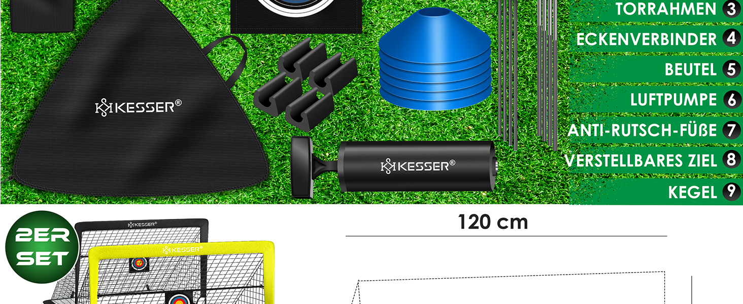 Ворота для футболу KESSER® для дітей, 2 шт. | Розкладні ворота з скловолоконними штангами та міцними сітками для гри в приміщенні, на вулиці та в саду | У комплекті: сумка для перенесення, 6 конусів, м'яч, мішень