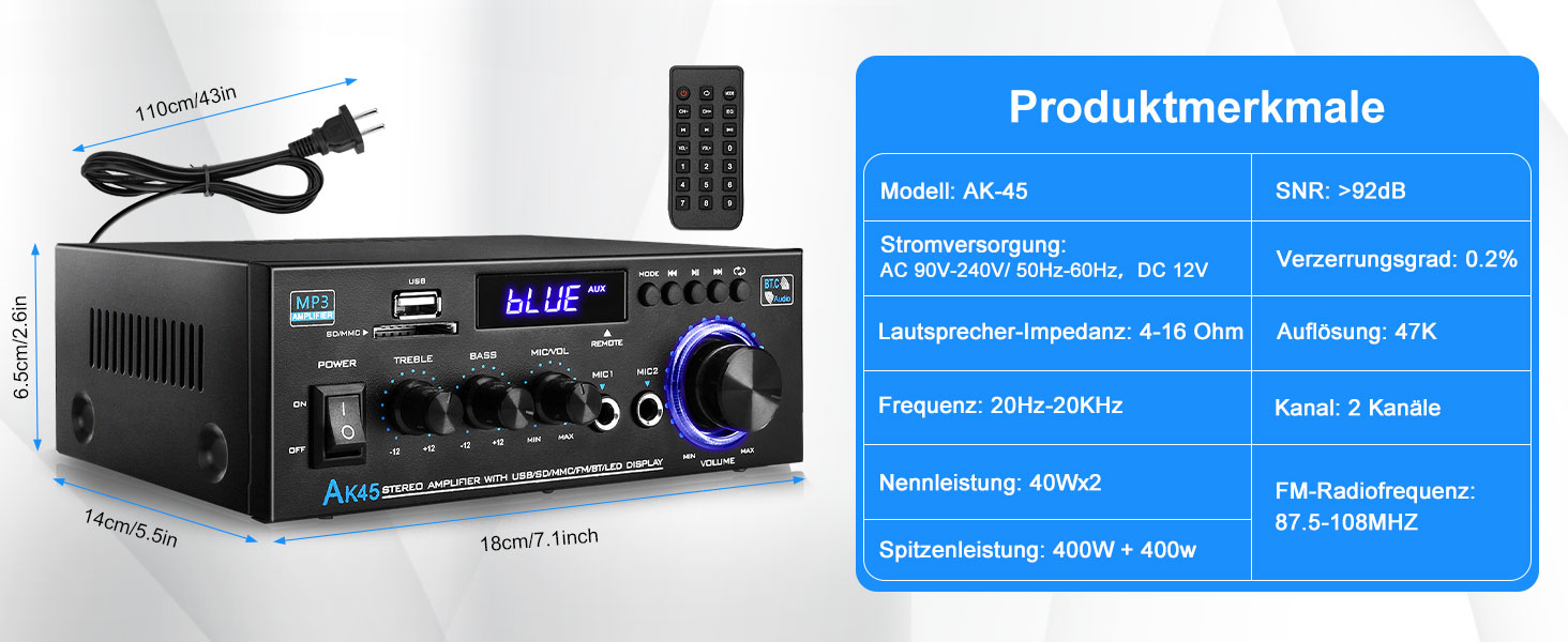 KKMOL AK45 Міні Hi-Fi стерео підсилювач Bluetooth, 400 Вт, 2-канальний, цифровий аудіо підсилювач з USB, SD, радіо, пультом, 12V/220V