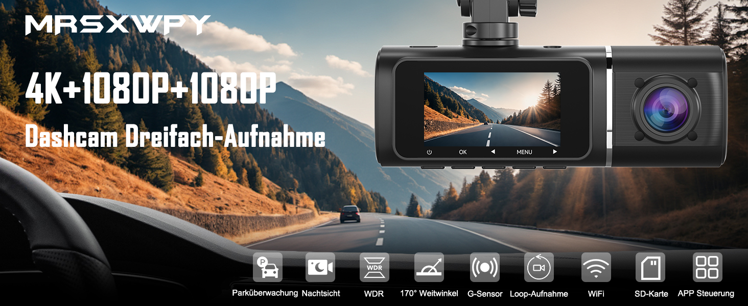 Автомобільний відеореєстратор 4K + 1080P з передньою та задньою камерами, 64GB SD карта, 5GHz WiFi, 1.97