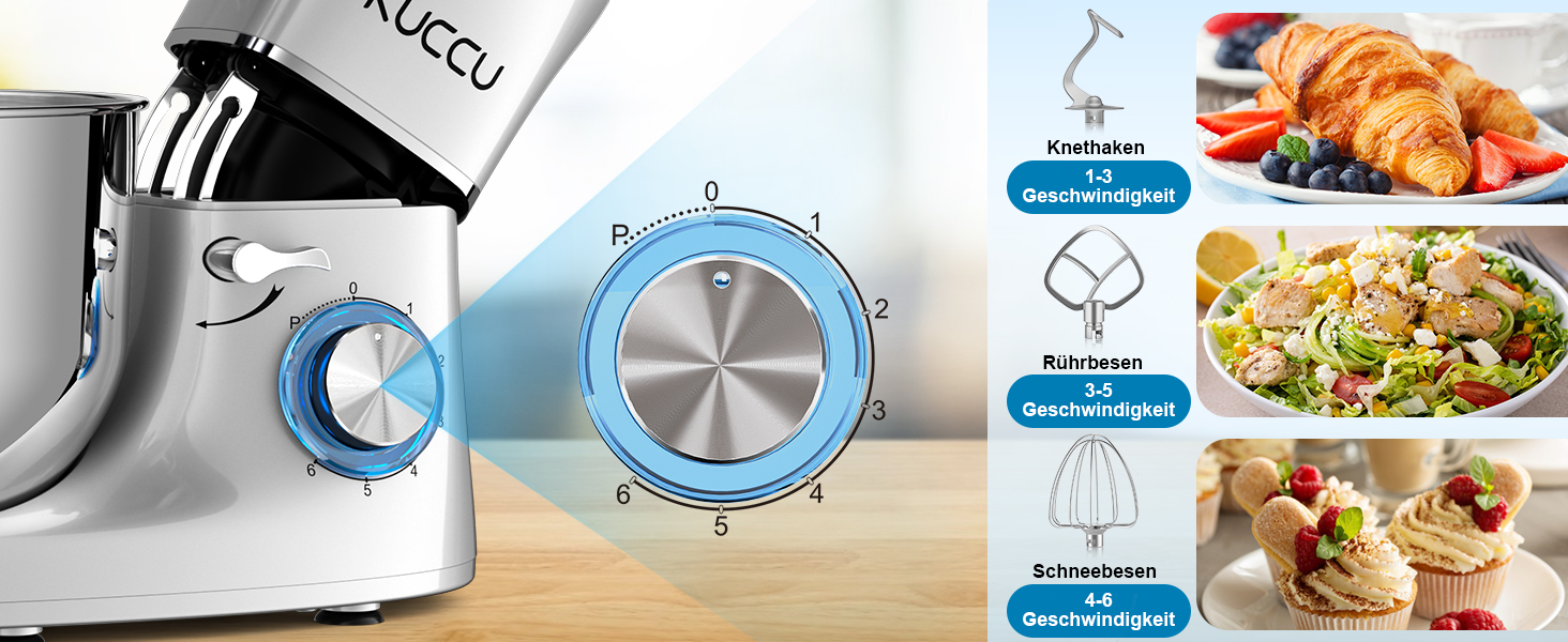 Кухонний комбайн-міксер 1500W з чашею з нержавіючої сталі 7л, планетарний міксер для тіста з 6 швидкостями та набором насадок (гак, вінчик, міксер), сріблястий
