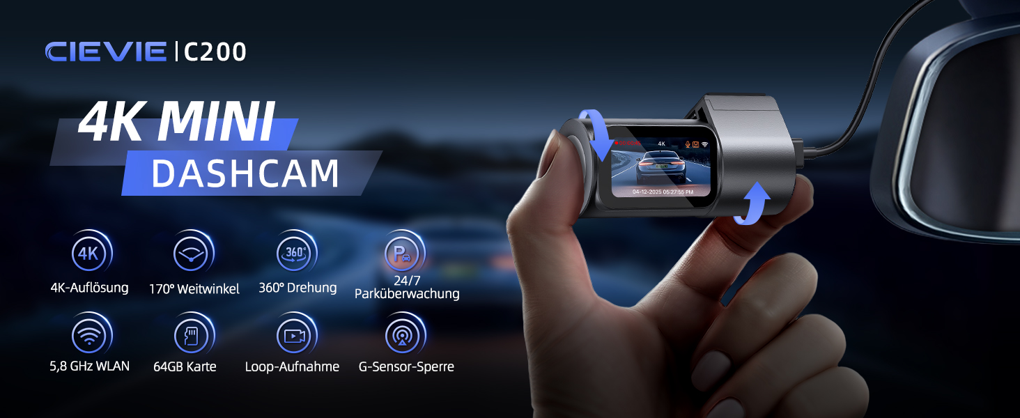 Dashcam CIEVIE C200: 4K, IPS 1.5', WiFi 5G, 64GB, 360° обертання, WDR, Нічне бачення, Паркування 24/7, G-сенсор, Loop, 170°