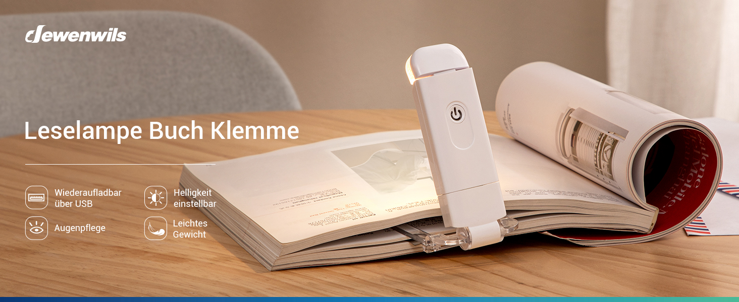 LED лампа для читання DEWENWILS на кліпсі, USB перезарядна, 2 рівні яскравості, тепле біле світло, подарунок для дітей та книголюбів
