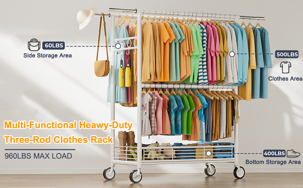 Вішалка для одягу Bomclap, міцна, на колесах, розсувна, з 3 перекладинами, 8 гачків та полицею, до 160 кг, біла