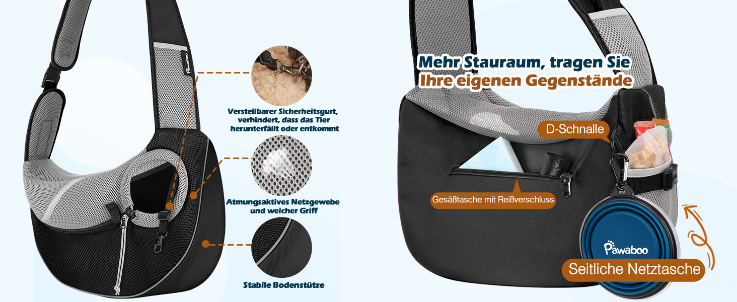 Pawaboo Сумка-переноска для собак, оновлена модель з кишенею для телефону, регульована, чорна, S