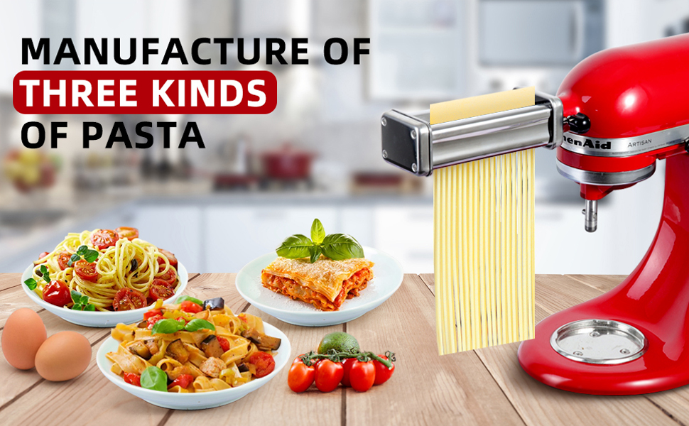 Насадка для приготування пасти Gdrtwwh для кухонного міксера KitchenAid, набір: ролик для тіста, різак для спагеті, ролик для локшини та щітка, нержавіюча сталь, ручний