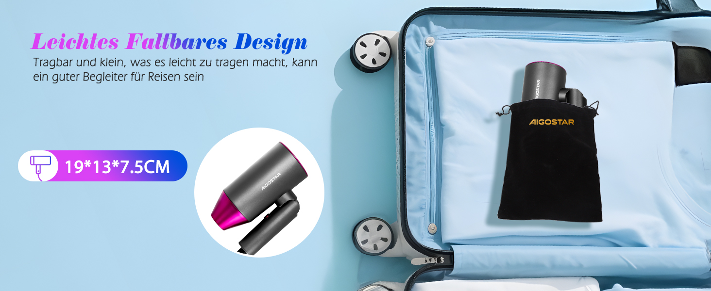 Aigostar Фен для подорожей 2100W з складною ручкою, сірий, з захистом від перегріву, з сумкою
