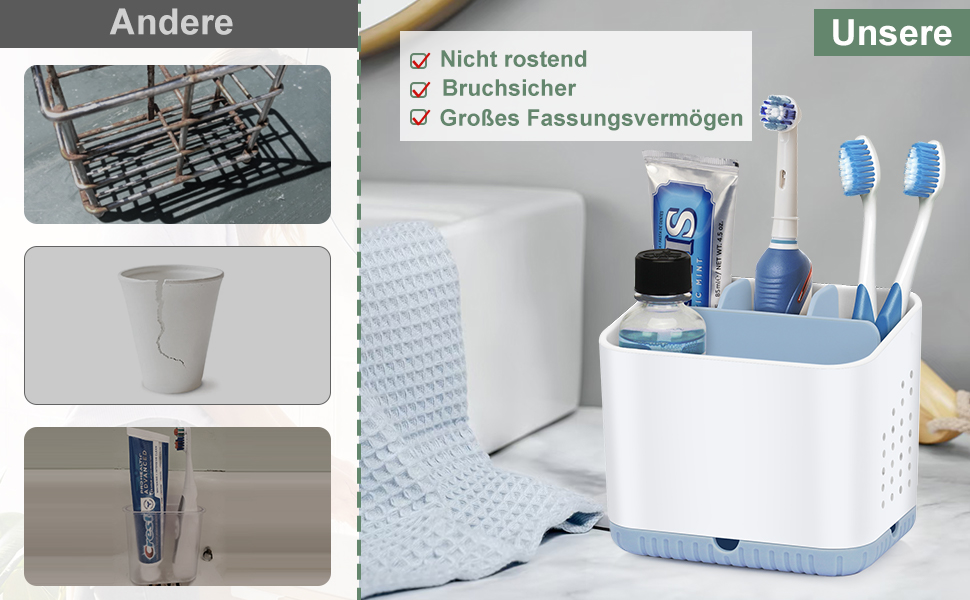 Тримач для зубних щіток електричних, органайзер для ванної кімнати, великий, антиковзний, з регульованими перегородками (синій, білий)