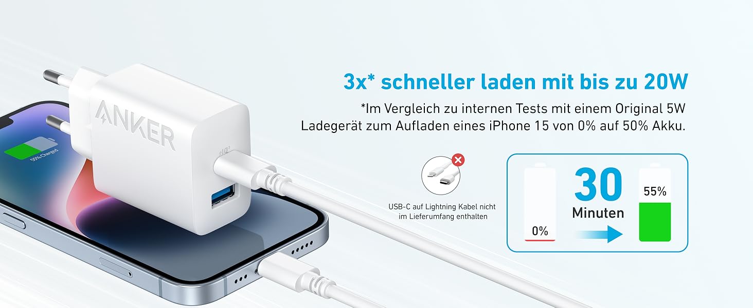 Зарядний пристрій Anker 20W USB-C, адаптер живлення для iPad, швидка зарядка, сумісний з iPhone 17/16/15, кабель USB-C 150 см