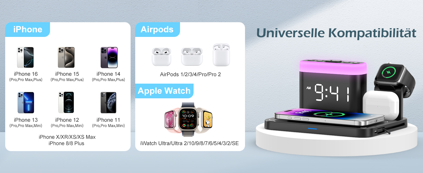 Бездрокова зарядна станція ANJANK 3-в-1 з будильником, 7 нічників та Mag-Safe для iPhone 17/16/15/14/13/12 Pro Max Plus, Apple Watch 11/10/9/8, AirPods