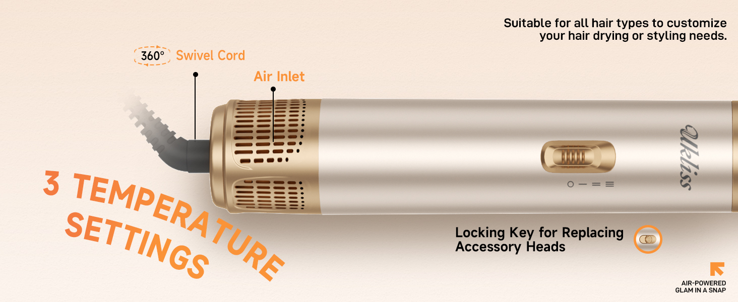 Мультистайлер для волосся 5 в 1 UKLISS Airstyler Pro 1000W: фен, кругла щітка для сушіння, завитки, випрямляч та гаряче повітря, сріблясто-золотий