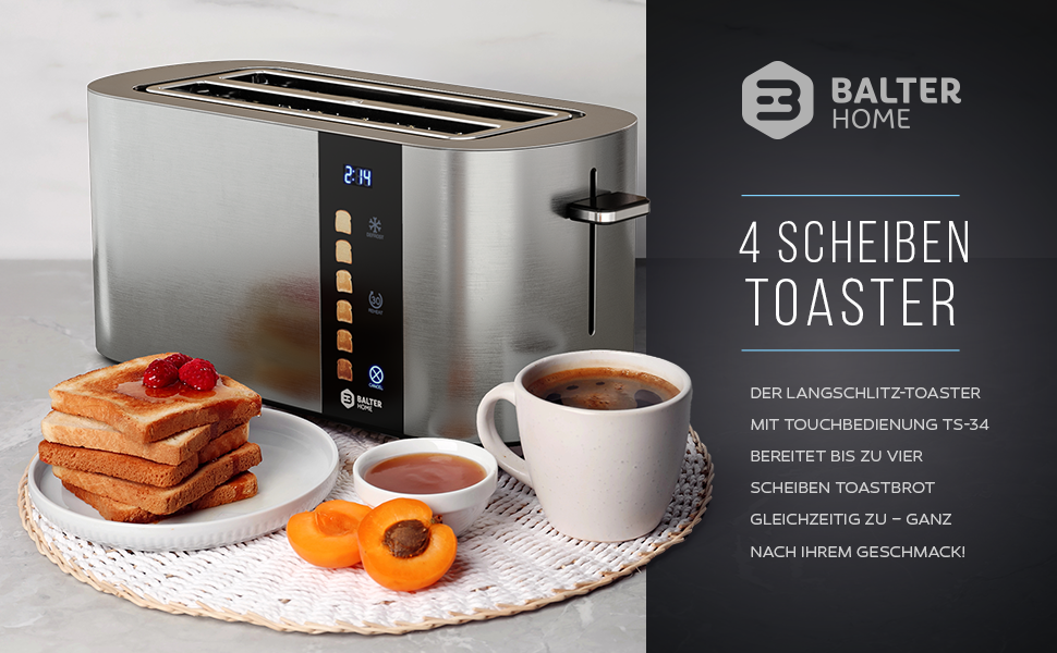 Тостер Balter 4-х секційний з сенсорним керуванням, нержавіюча сталь, підігрівач для бургерів, LCD дисплей, функція підігріву та центрування тостів