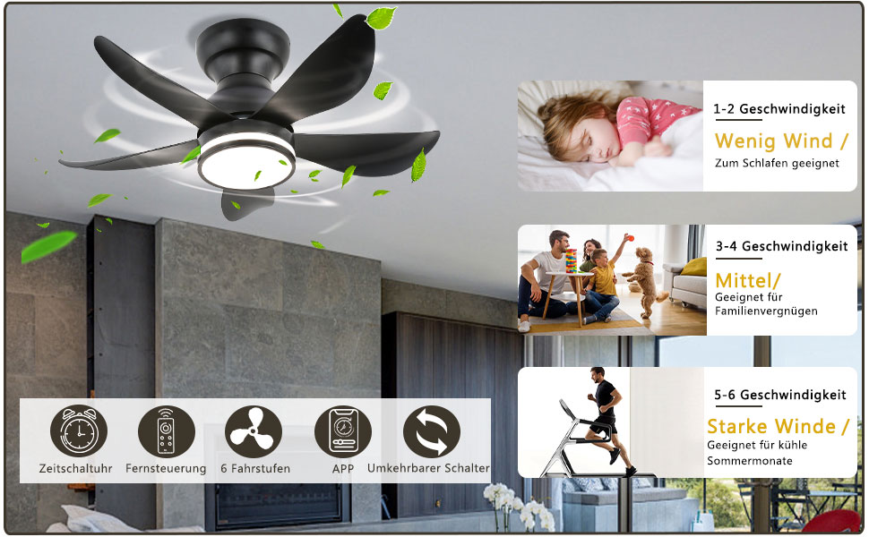 30-дюймовий стельовий вентилятор з підсвічуванням RGB, диммирування, керування пультом та додатком, 6 швидкостей, таймер, чорний, діаметр 76 см