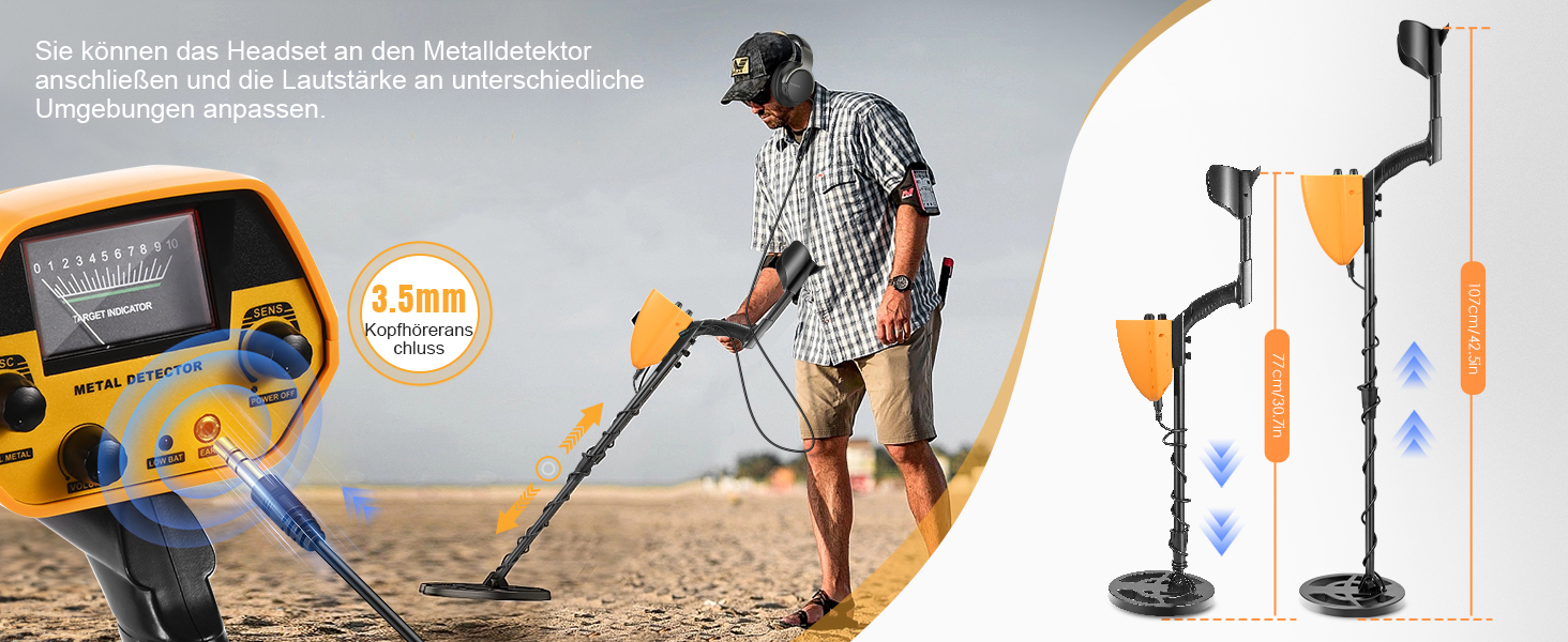 Металодетектор високої точності, вологостійкий, для пошуку золота. Регульована висота 78-108 см, котушка 25 см, роз'єм для навушників, максимальна глибина нажада зсудить</end_of_of_</start_of_of*</end</model]</code></end</model> 