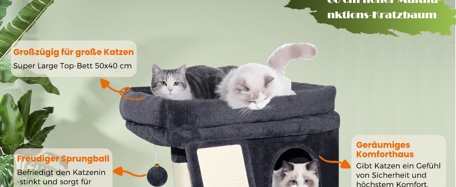 Дряпальня для котів великих порід, 60 см, сірий, з платформою, сизаль, пандус, будиночок, м'ячики, щітка