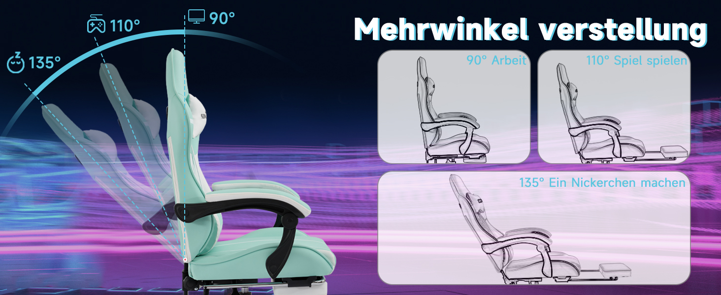 Ігрове крісло SUKIDA Ergonomic Gaming Chair з підставкою для ніг та підтримкою попереку, фіолетово-біле