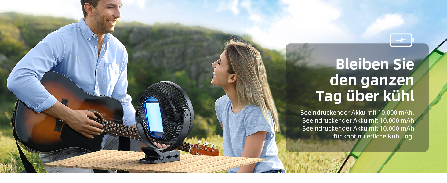 Вентилятор Koonie 10000 mAh з кліпсою, 20 см, портативний, USB, акумулятор, 4 швидкості, 360° оберт, тихий, для дому, офісу, дитячої коляски, кемпінгу, гроу-тенту, чорний