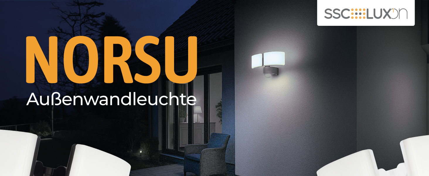 Вуличний світлодіодний прожектор SSC-LUXon NORSU з датчиком руху, подвійний, з кутовим адаптером і датчиком сутінків, IP65, нейтрально-білий