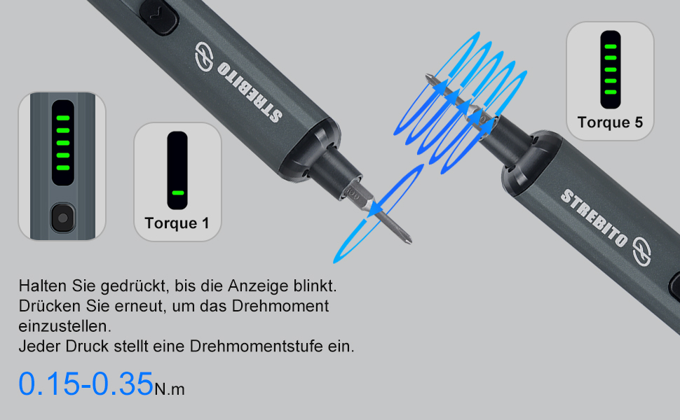 Міні-шуруповерт STREBITO 70-в-1: комплект з 64 бітами, 5 режимів крутного моменту, LED-підсвічуванням, сірий