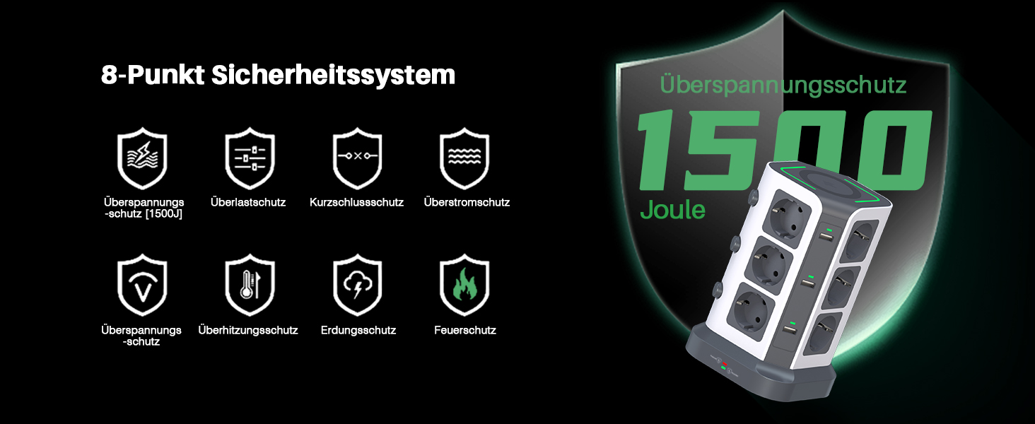 Многорозетка Koosla з USB-C, 12 розеток, захист від перенапруги 1500 Дж, індивідуальне вмикання, 5 м кабель, сіра (бездротовий заряд 30 Вт)