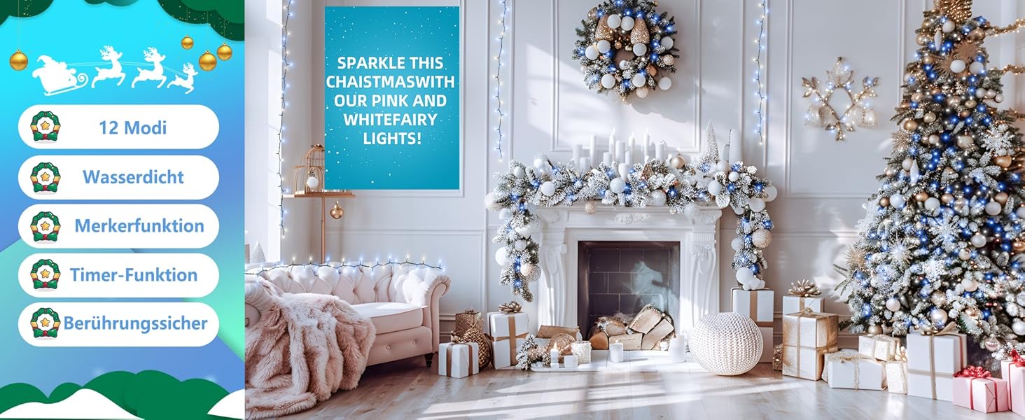 LED гірлянда WISD 13м, 200 LED, рожево-біла. Диммування, 12 режимів, таймер, EU штекер. Декор для ялинки, балкона, кімнати, саду.