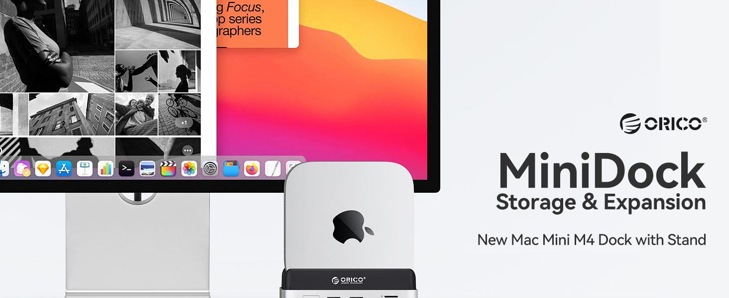 ORICO MiniDock VS10: Док-станція та підставка для Mac mini M4/M4 Pro з корпусом для NVMe SSD, хаб USB-C з 4K HDMI, DisplayPort, SD/TF 3.0, USB-C/A 10Gbps, PD 100W, 10-в-1, DIY