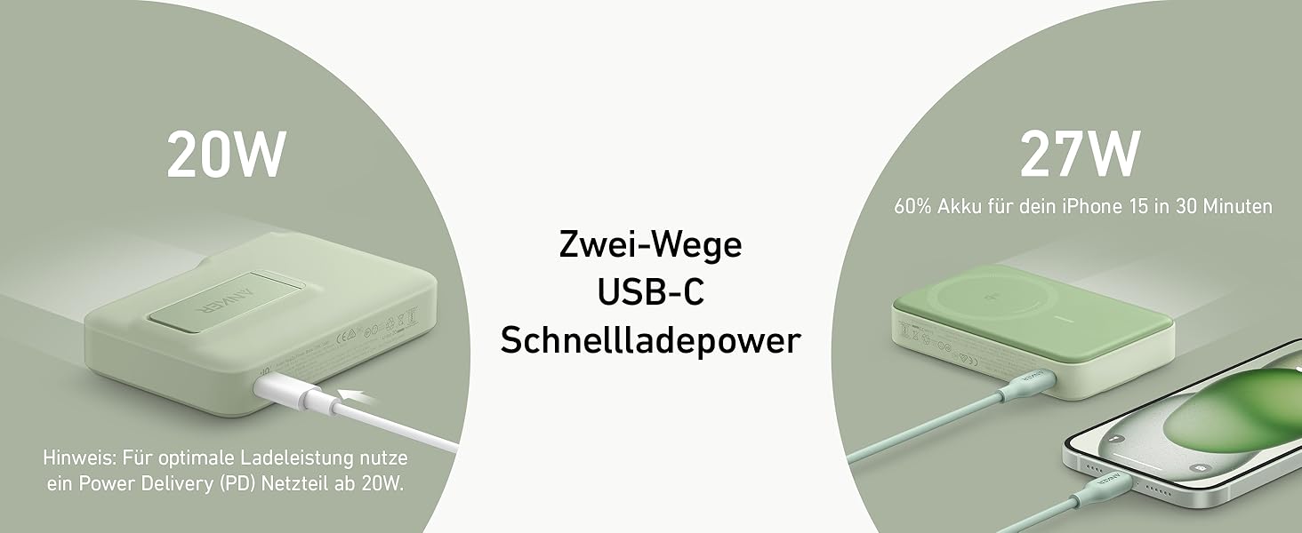 Powerbank Anker MagGo: 10000mAh, Qi2, 15W, MagSafe, USB-C, з дисплеєм та підставкою (Зелений)