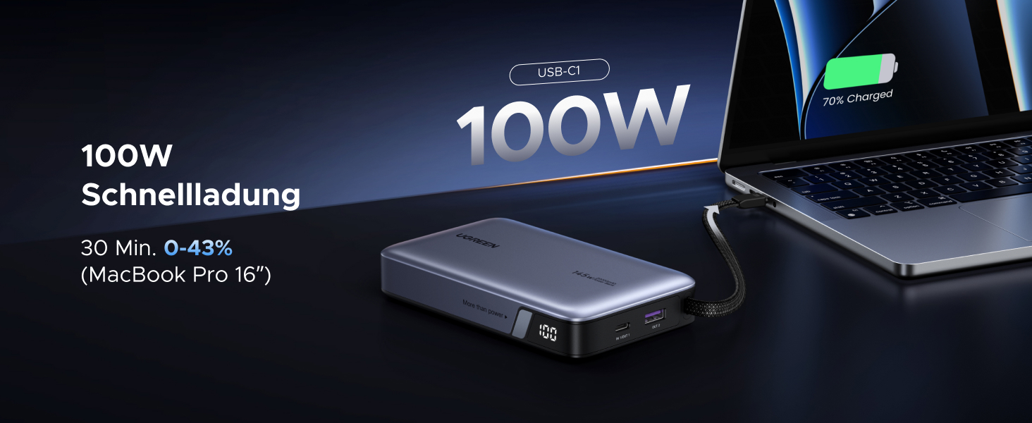 Power Bank UGREEN Nexode 20000mAh 145W з USB-C кабелем, для ноутбуків та смартфонів (Samsung, iPhone, Dell)