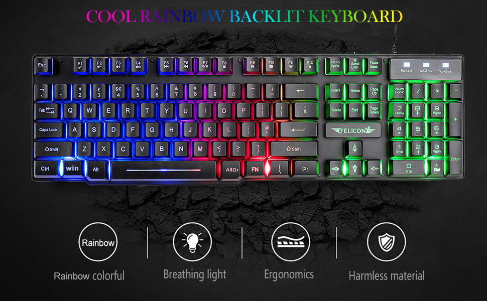 Ігровий набір клавіатури та миші UK-Layout 4-в-1 з підсвічуванням Rainbow, миша 2400 DPI, навушники, килимок для миші (K&M-Black)