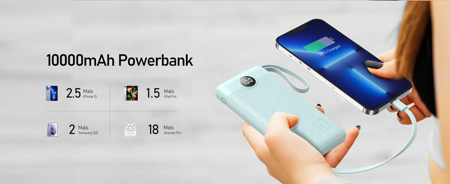 Портативний зарядний акумулятор Power Bank 10000mAh з LED дисплеєм та інтегрованими кабелями. Сумісний з iPhone, iPad, Samsung, Xiaomi, Google Pixel. Колір: блакитний